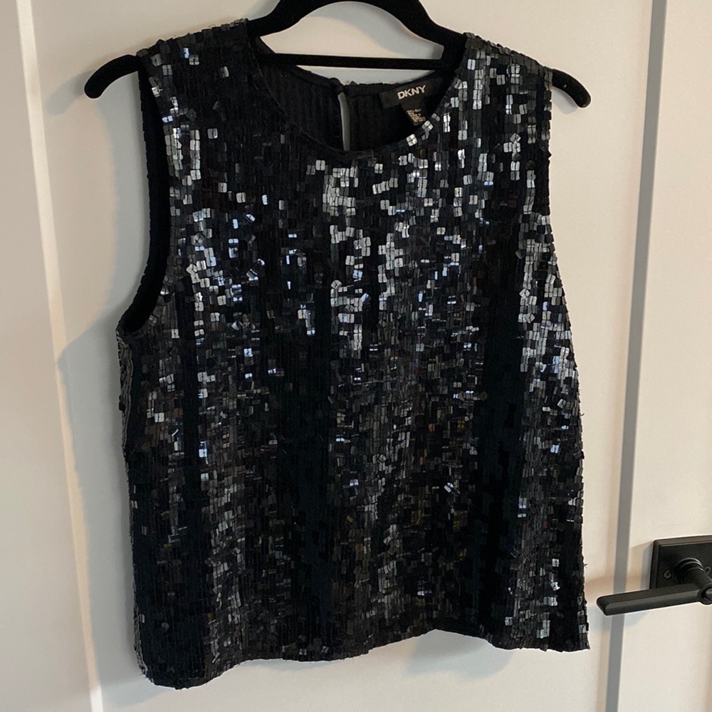 DKNY Silk Sequin Black Shell Top